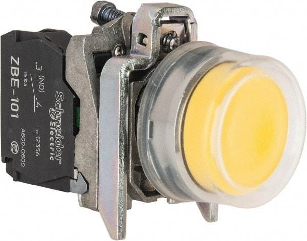 Square D - 0.87 Inch Mount Hole, Pushbutton Switch Only - Round, Yellow Pushbutton, Illuminated, Momentary (MO), Shock and Vibration Resistant - Exact Industrial Supply