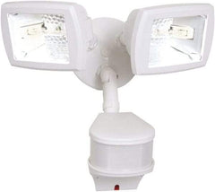 Cooper Lighting - 2 Head, 90 Ft. Detection, 270° Angle, Halogen Lamp Motion Sensing Light Fixture - 120 Volt, 200 Watt, Metal White Housing, Wall, Eave Mounted - Exact Industrial Supply