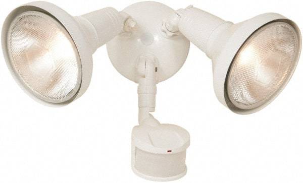 Cooper Lighting - 2 Head, 70 Ft. Detection, 270° Angle, PAR38 Lamp Motion Sensing Light Fixture - 120 Volt, 300 Watt, Metal White Housing, Wall, Eave Mounted - Exact Industrial Supply