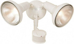 Cooper Lighting - 2 Head, 70 Ft. Detection, 270° Angle, PAR38 Lamp Motion Sensing Light Fixture - 120 Volt, 300 Watt, Metal White Housing, Wall, Eave Mounted - Exact Industrial Supply
