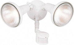 Cooper Lighting - 2 Head, 70 Ft. Detection, 180° Angle, PAR Lamp Motion Sensing Light Fixture - 120 Volt, 300 Watt, Metal White Housing, Wall, Eave Mounted - Exact Industrial Supply