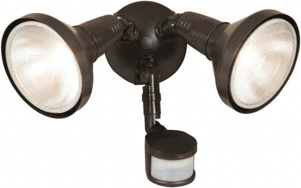 Cooper Lighting - 2 Head, 70 Ft. Detection, 180° Angle, PAR Lamp Motion Sensing Light Fixture - 120 Volt, 300 Watt, Metal Bronze Housing, Wall, Eave Mounted - Exact Industrial Supply