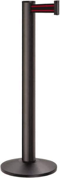 Lavi Industries - 40" High, 2-3/4" Pole Diam, Stanchion - 14" Base Diam, Dome Cast Iron Base, Black Aluminum Post, 13' x 2" Tape, Single Line Tape - Exact Industrial Supply