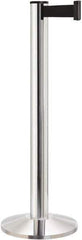 Lavi Industries - 40" High, 2-3/4" Pole Diam, Stanchion - 14" Base Diam, Dome Cast Iron Base, Polished Chrome (Color) Aluminum Post, 13' x 2" Tape, Single Line Tape - Exact Industrial Supply