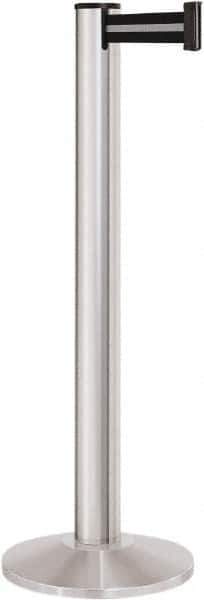 Lavi Industries - 40" High, 2-3/4" Pole Diam, Stanchion - 14" Base Diam, Dome Cast Iron Base, Satin Chrome (Color) Aluminum Post, 13' x 2" Tape, Single Line Tape - Exact Industrial Supply