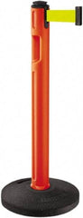 Lavi Industries - 38-1/4" High, 3-1/4" Pole Diam, Stanchion - 16" Base Diam, Dome Recycled Rubber Base, Orange Plastic Post, 12' x 2" Tape, Single Line Tape, For Outdoor Use - Exact Industrial Supply