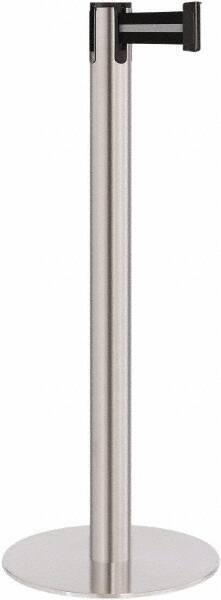 Lavi Industries - 40" High, 2-3/4" Pole Diam, Stanchion - 14-1/2" Base Diam, Flat Cast Iron Base, Satin Chrome (Color) Steel Post, 7' x 2" Tape, Single Line Tape - Exact Industrial Supply