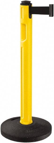 Lavi Industries - 38-1/4" High, 3-1/4" Pole Diam, Stanchion - 16" Base Diam, Dome Recycled Rubber Base, Yellow Plastic Post, 12' x 2" Tape, Single Line Tape, For Outdoor Use - Exact Industrial Supply