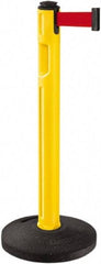 Lavi Industries - 38-1/4" High, 3-1/4" Pole Diam, Stanchion - 16" Base Diam, Dome Recycled Rubber Base, Yellow Plastic Post, 12' x 2" Tape, Single Line Tape, For Outdoor Use - Exact Industrial Supply