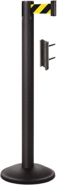 Lavi Industries - 38-1/2" High, 2-3/4" Pole Diam, Stanchion - 12-1/2" Base Diam, Round Steel Base, Black Steel Post, 7' x 2" Tape, Single Line Tape - Exact Industrial Supply