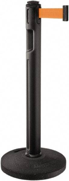 Lavi Industries - 38-1/4" High, 3-1/4" Pole Diam, Stanchion - 16" Base Diam, Dome Recycled Rubber Base, Black Plastic Post, 12' x 2" Tape, Single Line Tape, For Outdoor Use - Exact Industrial Supply