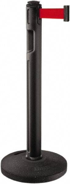 Lavi Industries - 38-1/4" High, 3-1/4" Pole Diam, Stanchion - 16" Base Diam, Dome Recycled Rubber Base, Black Plastic Post, 12' x 2" Tape, Single Line Tape, For Outdoor Use - Exact Industrial Supply