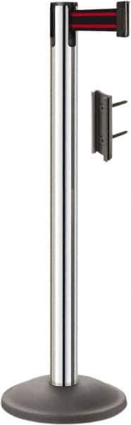 Lavi Industries - 38-1/2" High, 2-3/4" Pole Diam, Stanchion - 12-1/2" Base Diam, Round Steel Base, Polished Chrome (Color) Steel Post, 7' x 2" Tape, Single Line Tape - Exact Industrial Supply