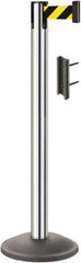 Lavi Industries - 38-1/2" High, 2-3/4" Pole Diam, Stanchion - 12-1/2" Base Diam, Round Steel Base, Polished Chrome (Color) Steel Post, 7' x 2" Tape, Single Line Tape - Exact Industrial Supply