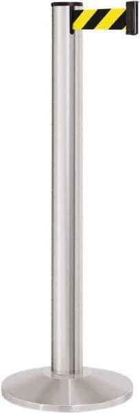 Lavi Industries - 40" High, 2-3/4" Pole Diam, Stanchion - 14" Base Diam, Dome Cast Iron Base, Satin Chrome (Color) Aluminum Post, 13' x 2" Tape, Single Line Tape - Exact Industrial Supply