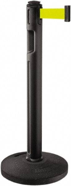 Lavi Industries - 38-1/4" High, 3-1/4" Pole Diam, Stanchion - 16" Base Diam, Dome Recycled Rubber Base, Black Plastic Post, 12' x 2" Tape, Single Line Tape, For Outdoor Use - Exact Industrial Supply