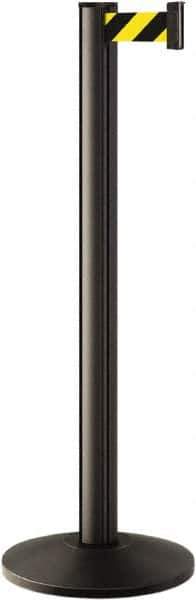 Lavi Industries - 40" High, 2-3/4" Pole Diam, Stanchion - 14" Base Diam, Dome Cast Iron Base, Black Aluminum Post, 7' x 2" Tape, Single Line Tape - Exact Industrial Supply