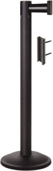 Lavi Industries - 38-1/2" High, 2-3/4" Pole Diam, Stanchion - 12-1/2" Base Diam, Round Steel Base, Black Steel Post, 7' x 2" Tape, Single Line Tape - Exact Industrial Supply