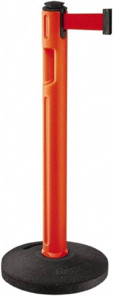 Lavi Industries - 38-1/4" High, 3-1/4" Pole Diam, Stanchion - 16" Base Diam, Dome Recycled Rubber Base, Orange Plastic Post, 12' x 2" Tape, Single Line Tape, For Outdoor Use - Exact Industrial Supply