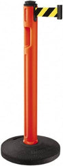 Lavi Industries - 38-1/4" High, 3-1/4" Pole Diam, Stanchion - 16" Base Diam, Dome Recycled Rubber Base, Orange Plastic Post, 12' x 2" Tape, Single Line Tape, For Outdoor Use - Exact Industrial Supply
