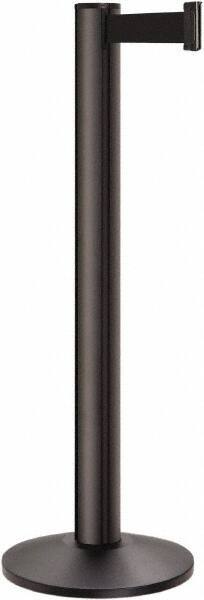 Lavi Industries - 40" High, 2-3/4" Pole Diam, Stanchion - 14" Base Diam, Dome Cast Iron Base, Black Aluminum Post, 7' x 2" Tape, Single Line Tape - Exact Industrial Supply