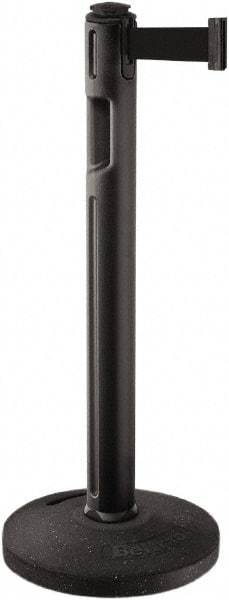 Lavi Industries - 38-1/4" High, 3-1/4" Pole Diam, Stanchion - 16" Base Diam, Dome Recycled Rubber Base, Black Plastic Post, 12' x 2" Tape, Single Line Tape, For Outdoor Use - Exact Industrial Supply