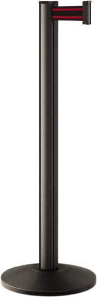 Lavi Industries - 40" High, 2-3/4" Pole Diam, Stanchion - 14" Base Diam, Dome Cast Iron Base, Black Aluminum Post, 7' x 2" Tape, Single Line Tape - Exact Industrial Supply