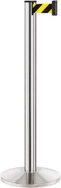 Lavi Industries - 40" High, 2-3/4" Pole Diam, Stanchion - 14" Base Diam, Dome Cast Iron Base, Polished Chrome (Color) Aluminum Post, 7' x 2" Tape, Single Line Tape - Exact Industrial Supply