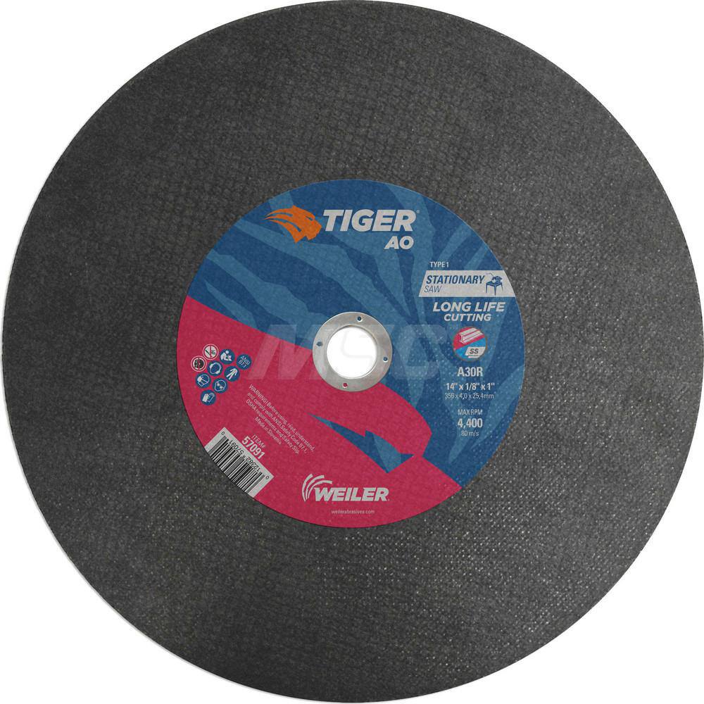 Cut-Off Wheel: Type 1, 14″ Dia, 1/8″ Thick, Aluminum Oxide Reinforced, 30 Grit, 4400 Max RPM, Use with Stationary Saw