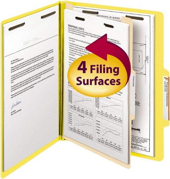 SMEAD - 8-1/2 x 11", Letter Size, Yellow, Classification Folders with Top Tab Fastener - 14 Point Stock, Right of Center Tab Cut Location - Exact Industrial Supply