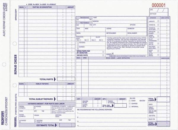 REDIFORM - 50 Sheet, 8-1/2 x 11", Auto Repair Form - White & Blue - Exact Industrial Supply