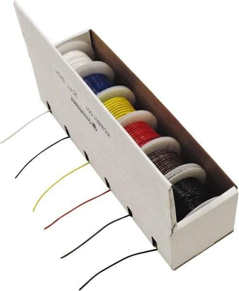 Made in USA - 26 AWG, 7 Strand, 100' OAL, Tinned Copper Hook Up Wire - Black, White, Red, Green, Blue & Yellow PVC Jacket - Exact Industrial Supply