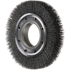 Wheel Brush: 8″ Wheel Dia, Crimped 1-1/4″ Hole, Steel, 4,500 RPM