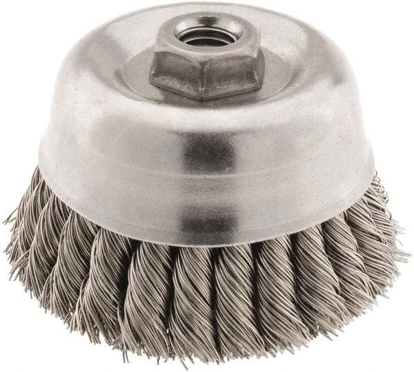 Osborn - 4" Diam, 5/8-11 Threaded Arbor, Stainless Steel Fill Cup Brush - 0.02 Wire Diam, 1-1/4" Trim Length, 6,000 Max RPM - Exact Industrial Supply