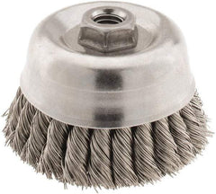Osborn - 4" Diam, 5/8-11 Threaded Arbor, Stainless Steel Fill Cup Brush - 0.02 Wire Diam, 1-1/4" Trim Length, 6,000 Max RPM - Exact Industrial Supply