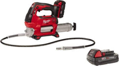 Milwaukee Tool - 10,000 Max psi, Flexible Battery-Operated Grease Gun - 14 oz Capacity, 31 Strokes per oz, Includes Grease Gun, Gauge Hose Assembly, Coupler, 30-Minute Charger, Carrying Case, (2)18 V Rechargeable Batteries & Extra 18V Li-Ion Battery - Exact Industrial Supply