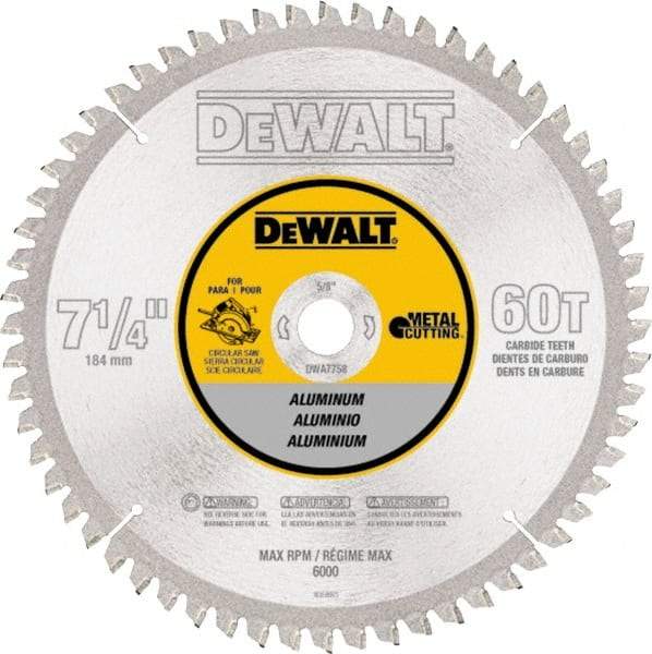 DeWALT - 7-1/4" Diam, 5/8" Arbor Hole Diam, 60 Tooth Wet & Dry Cut Saw Blade - High Speed Steel, Crosscut Action, Standard Round Arbor - Exact Industrial Supply