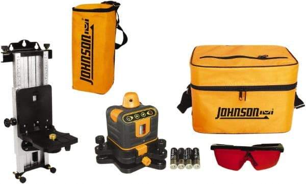 Johnson Level & Tool - 800' (Exterior) Measuring Range, 1/4" at 100' Accuracy, Manual-Leveling Rotary Laser - 150 to 300 RPM, 2 Beams, AA Battery Included - Exact Industrial Supply