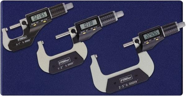 Fowler - 0 to 3" Range, 0.001mm Resolution, IP40, 3 Piece Electronic Outside Micrometer Sets - 0.005mm Accuracy, Ratchet Thimble, Carbide Measuring Face - Exact Industrial Supply
