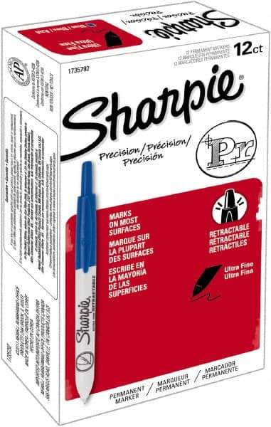 Sharpie - Blue Permanent Marker - Retractable Ultra Fine Tip, Alcohol Based Ink - Exact Industrial Supply