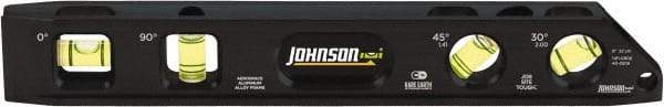 Johnson Level & Tool - Magnetic 9" Long 4 Vial Torpedo Level - Aluminum, Black, 1 30°, 1 45°, 1 Plumb & 1 Level Vial - Exact Industrial Supply