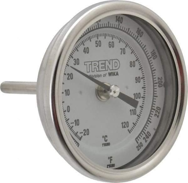 Wika - 2-1/2 Inch Long Stem, 3 Inch Dial Diameter, Stainless Steel, Back Connected Bi-Metal Thermometer - -20 to 120°C, 1% Accuracy - Exact Industrial Supply