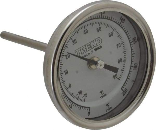 Wika - 4 Inch Long Stem, 3 Inch Dial Diameter, Stainless Steel, Back Connected Bi-Metal Thermometer - -15 to 90°C, 1% Accuracy - Exact Industrial Supply