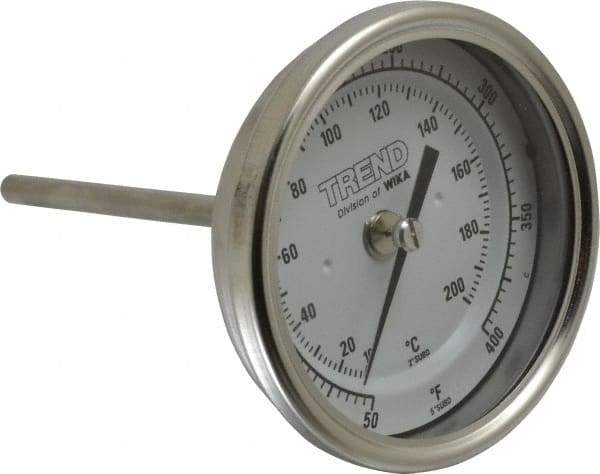 Wika - 4 Inch Long Stem, 3 Inch Dial Diameter, Stainless Steel, Back Connected Bi-Metal Thermometer - 10 to 200°C, 1% Accuracy - Exact Industrial Supply