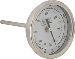 Wika - 4 Inch Long Stem, 3 Inch Dial Diameter, Stainless Steel, Back Connected Bi-Metal Thermometer - 65 to 400°C, 1% Accuracy - Exact Industrial Supply