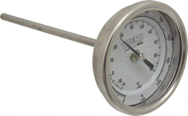Wika - 6 Inch Long Stem, 3 Inch Dial Diameter, Stainless Steel, Back Connected Bi-Metal Thermometer - -15 to 90°C, 1% Accuracy - Exact Industrial Supply