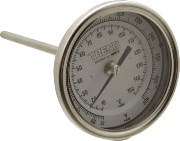 Wika - 6 Inch Long Stem, 3 Inch Dial Diameter, Stainless Steel, Back Connected Bi-Metal Thermometer - 10 to 150°C, 1% Accuracy - Exact Industrial Supply