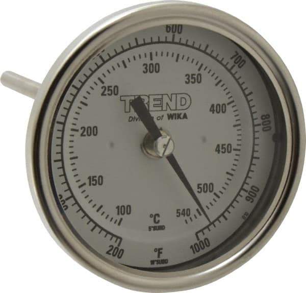 Wika - 6 Inch Long Stem, 3 Inch Dial Diameter, Stainless Steel, Back Connected Bi-Metal Thermometer - 100 to 540°C, 1% Accuracy - Exact Industrial Supply