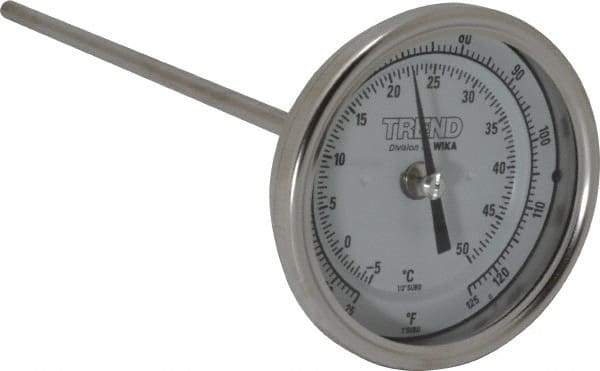 Wika - 9 Inch Long Stem, 3 Inch Dial Diameter, Stainless Steel, Back Connected Bi-Metal Thermometer - -5 to 50°C, 1% Accuracy - Exact Industrial Supply