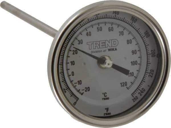 Wika - 9 Inch Long Stem, 3 Inch Dial Diameter, Stainless Steel, Back Connected Bi-Metal Thermometer - -20 to 120°C, 1% Accuracy - Exact Industrial Supply